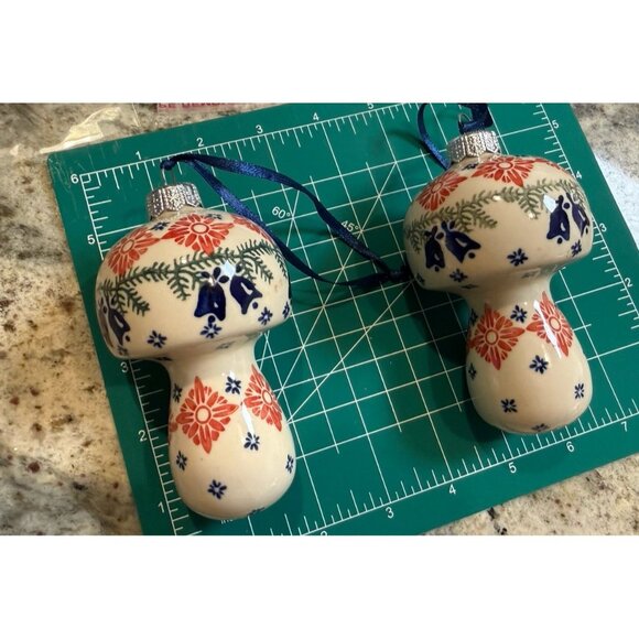 2 Handpainted Boleslawiec Poland Pottery Puffy MUSHROOM Christmas Tree Ornament - Picture 4 of 6